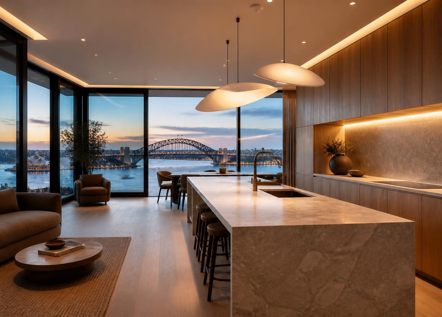 Warm architectural lighting layered through a modern Sydney living space