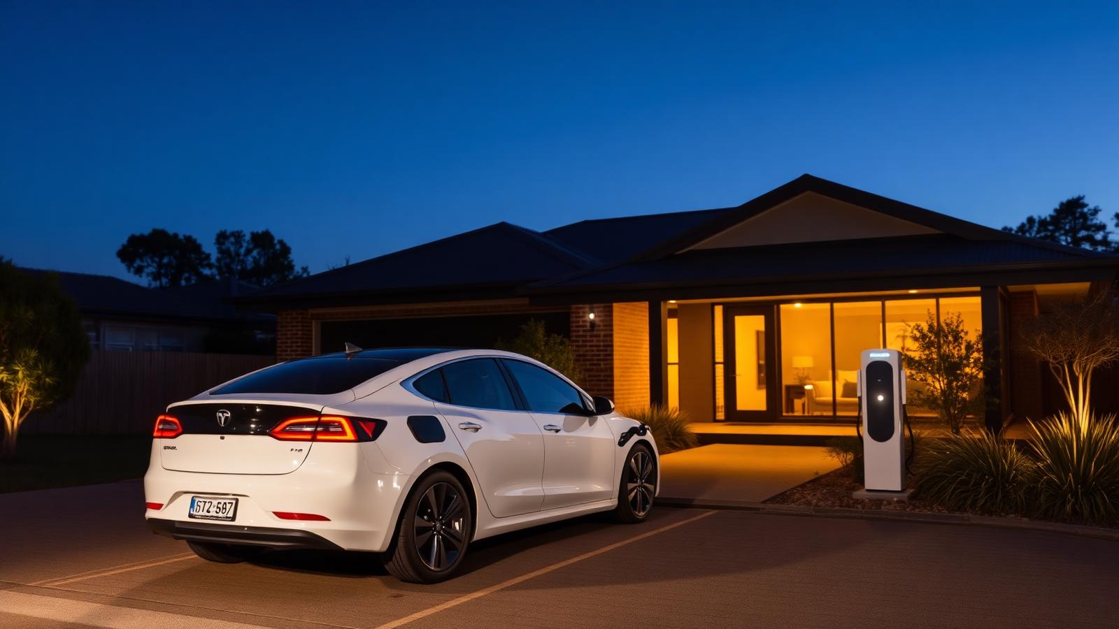 Electric car charging at a modern Australian home at dusk