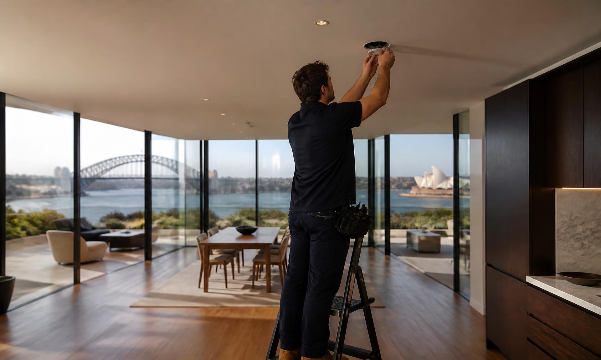 Electrician installing a ceiling light in a modern Sydney home with harbour views