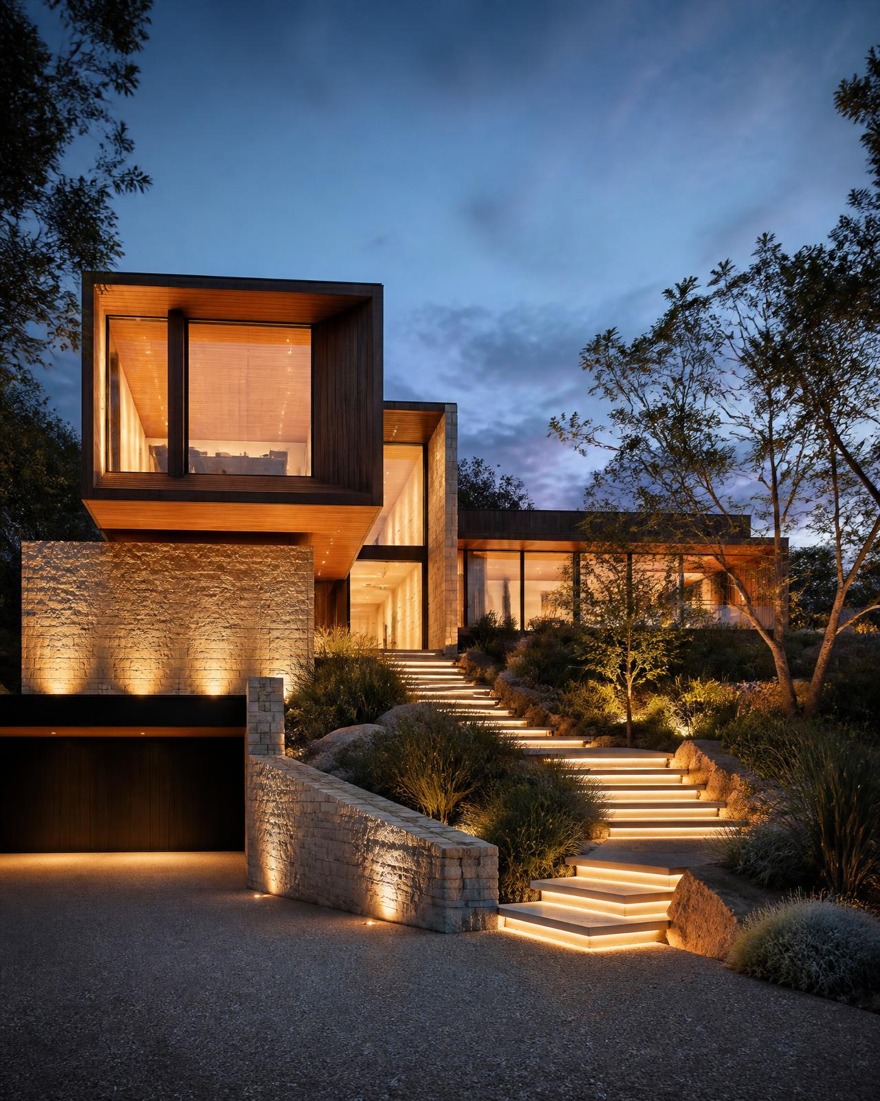 Contemporary Sydney home at dusk with warm architectural facade, step and garden lighting
