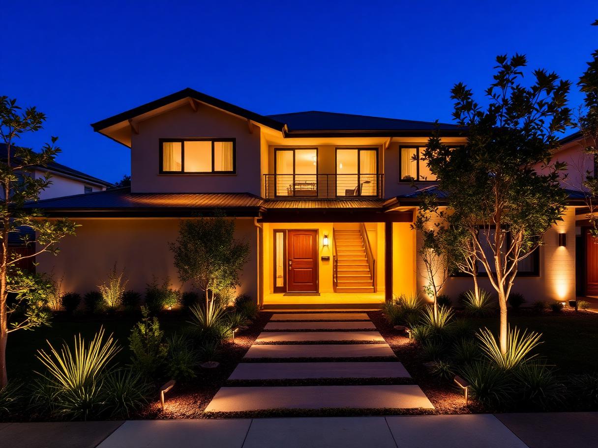 Modern Australian home with architectural feature lighting at dusk