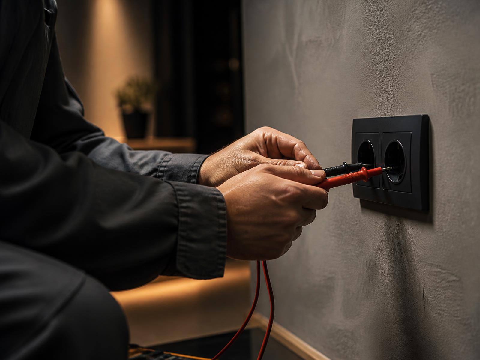 Close detail of test leads on a modern power outlet during fault diagnosis