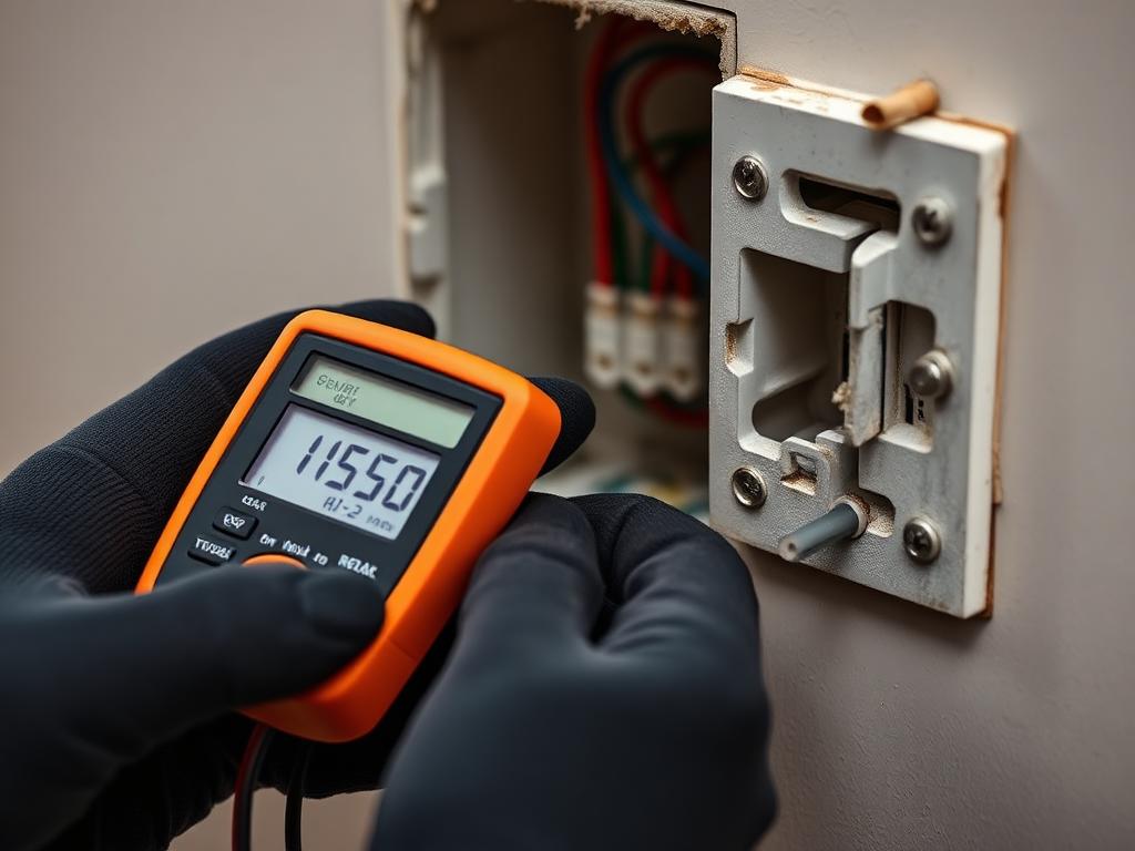 Electrician testing wiring with a multimeter during fault diagnosis