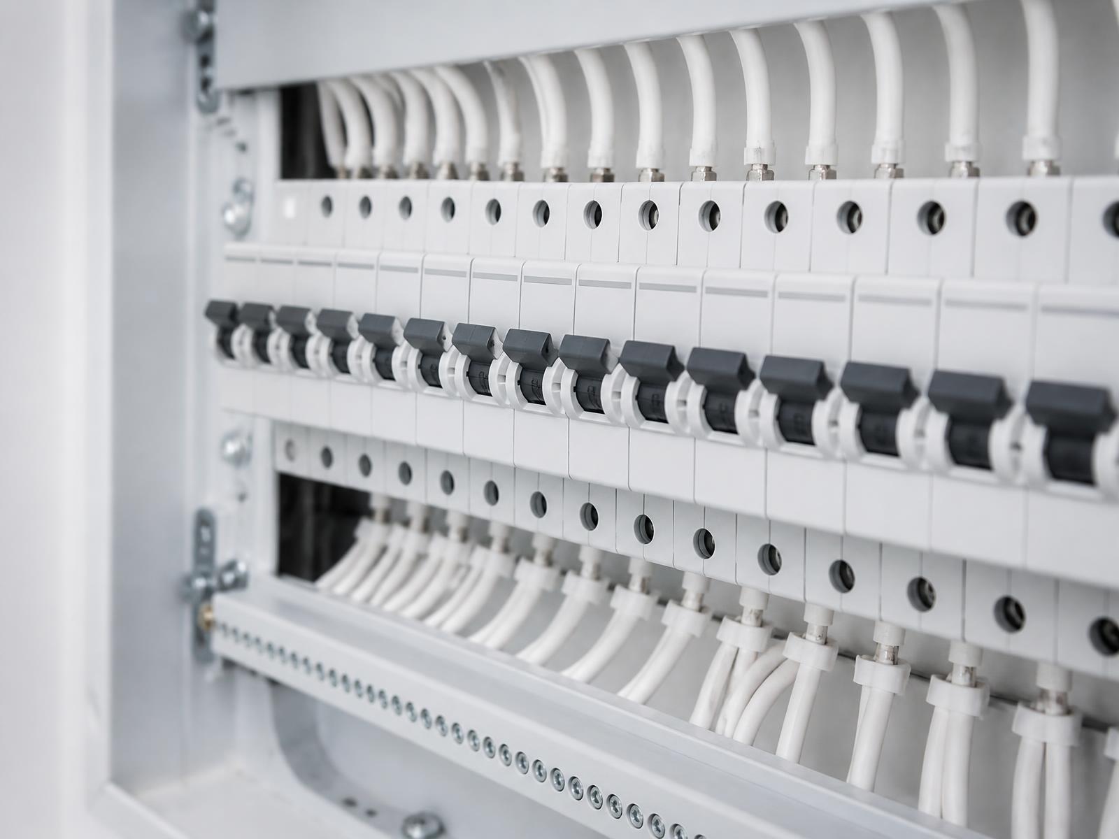 Immaculately finished residential switchboard with aligned circuit breakers
