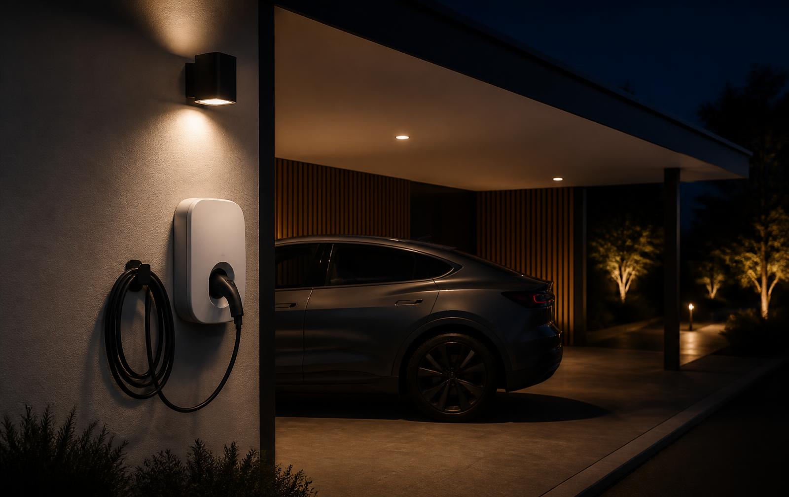 Wall-mounted home EV charger on a modern Australian carport wall at night