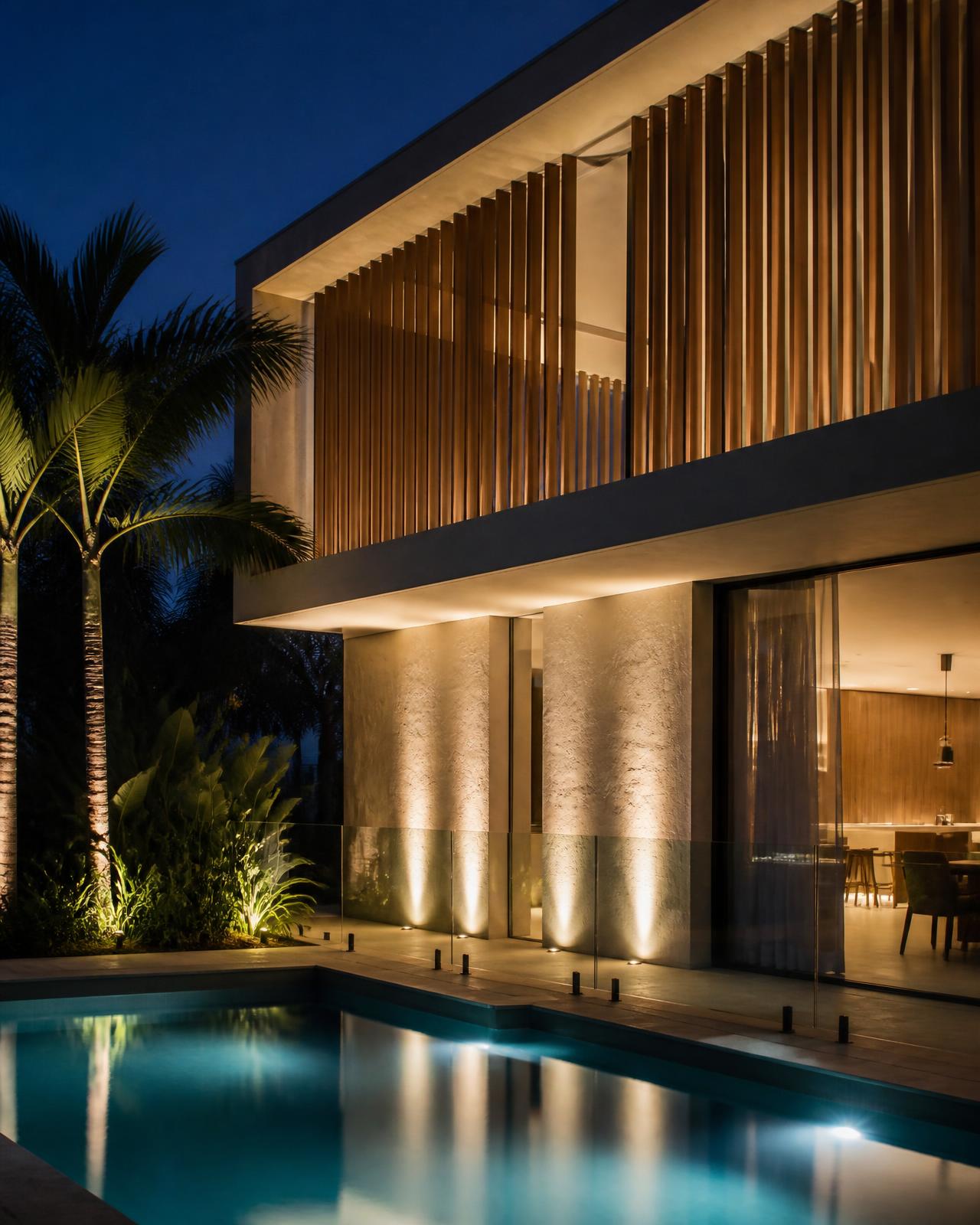 Modern home facade at night lit by exterior uplighting beside a pool