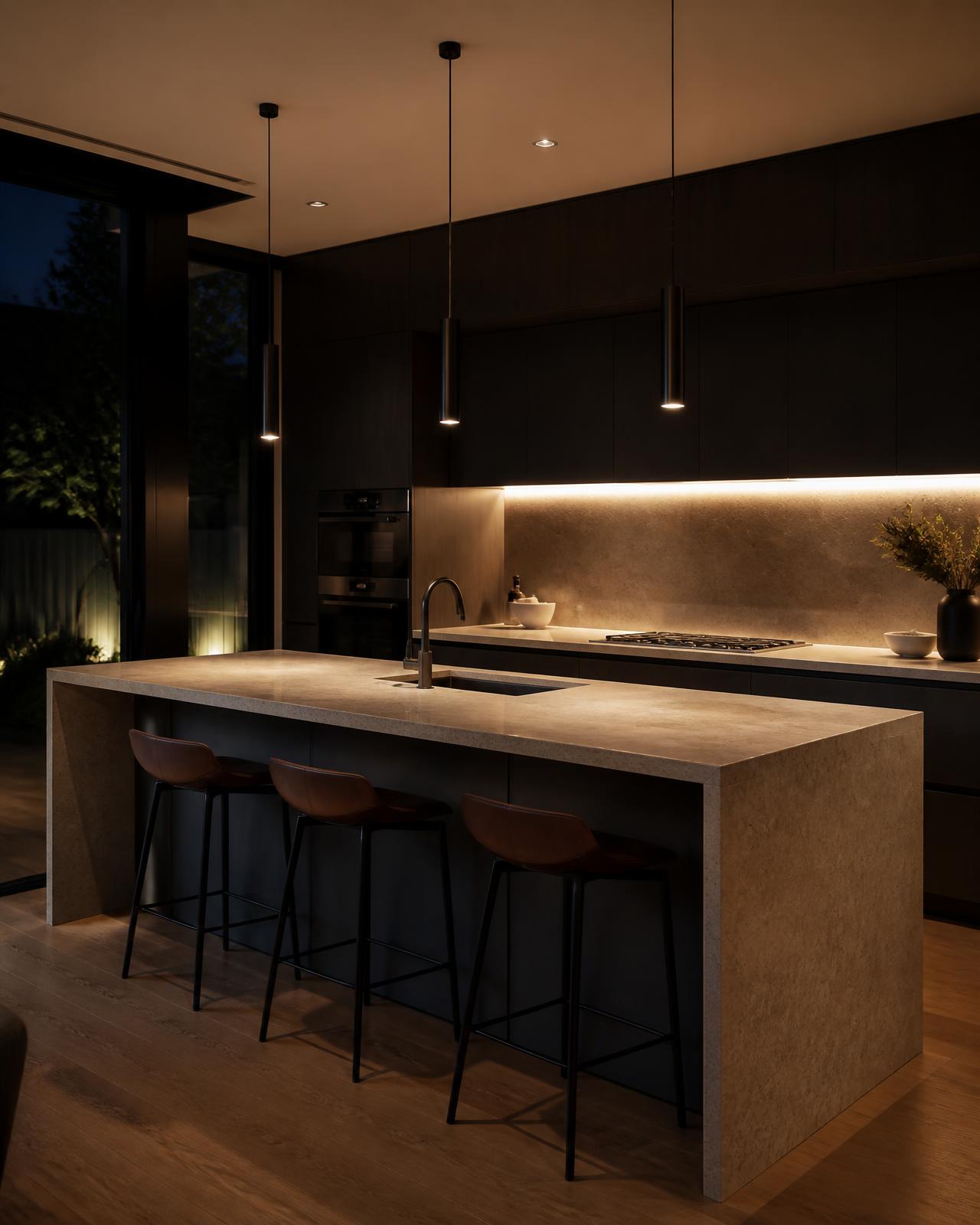 Warm under-cabinet and pendant lighting in a modern kitchen at night
